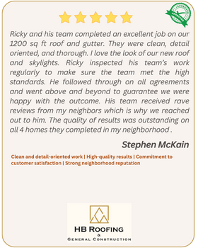 5-start review by customer Stephen McKain - Ricky and his team completed an excellent job on our 1200 sq ft roof and gutter. They were clean, detail oriented, and thorough. I love the look of our new roof and skylights. Ricky inspected his team’s work regularly to make sure the team met the high standards. He followed through on all agreements and went above and beyond to guarantee we were happy with the outcome. His team received rave reviews from my neighbors which is why we reached out to him. The quality of results was outstanding on all 4 homes they completed in my neighborhood .