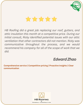 5-star review by customer Edward Zhao - HB Roofing did a great job replacing our roof, gutters, and attic insulation this month at a competitive price. During our initial consult, Ricky identified potential issues with our attic ventilation that other contractors did not mention. Ricky was communicative throughout the process, and we would recommend his company for all of the scope of work that we did.