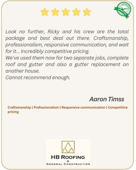 5-star review by customer Aaron Timss - Look no further, Ricky and his crew are the total package and best deal out there. Craftsmanship, professionalism, responsive communication, and wait for it... Incredibly competitive pricing.  We've used them now for two separate jobs, complete roof and gutter and also a gutter replacement on another house.  Cannot recommend enough.