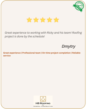 5-star review by  customer Dmytry  - Great experience to working with Ricky and his team! Roofing project is done by the schedule!